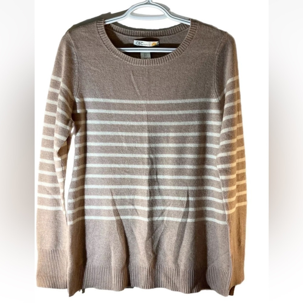EUC C&C california Striped Cashmere 2-Ply 100% Tunic Sweater CREAM Stripe SZ L